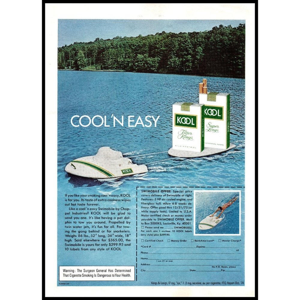 1975 Kool Cigarettes Vintage Print Ad Chappel Swimobile Lake Boat Wall Art